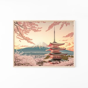 Stunning View of Mount Fuji | Chureito pagoda with Sakura tree Cherry Blossom Tree Print | Woodblock style inspired Artwork