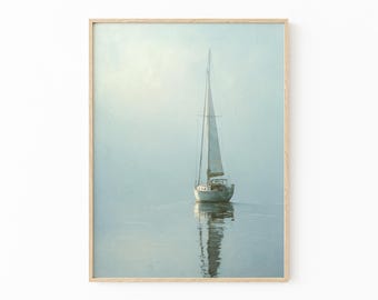 Vintage Sailboat Art Print – Light Blue Nautical Painting, Coastal Lake Scene Wall Decor | BOA3