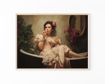 Vintage Woman in Bathroom Painting Print | Woman In Bathtub With Champagne | 1920 Coquette Aesthetic | Alcohol Chic Fashionista Gift | VWI6
