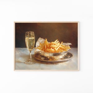 Pomme Frites and Champagne Glass Oil Painting Print | Cute Quirky Whimsical | Cocktail Art Bar Cart Decor | French Fries | PFA1