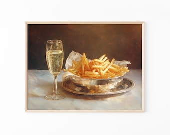 Pomme Frites and Champagne Glass Oil Painting Print | Cute Quirky Whimsical | Cocktail Art Bar Cart Decor | French Fries | PFA1