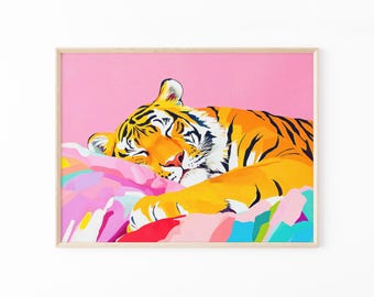 Oljemålning med tiger i sängen | Maximalistisk väggdekoration | Tiger sovrumsdekoration | STIA6