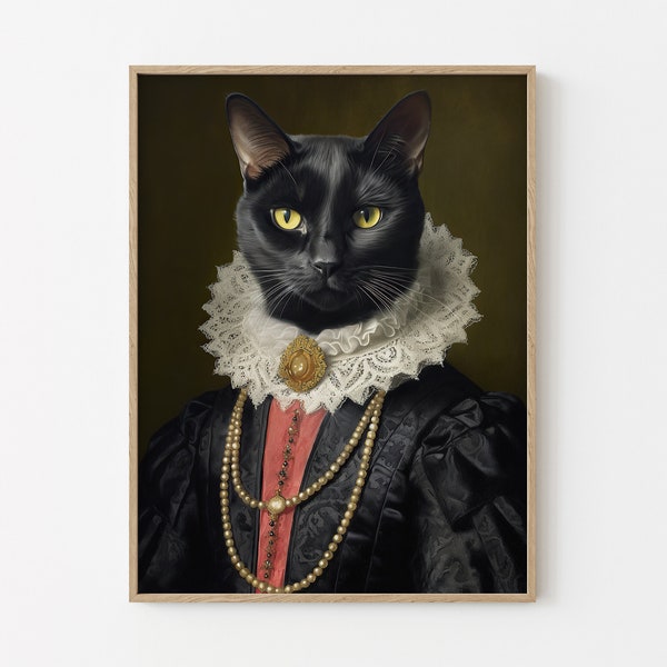 Black Cat Wall Oil Painting Print // Vintage Portrait of Victorian Queen Black Cat Regal Ruff // Animal Home Decor Gift // BCW3