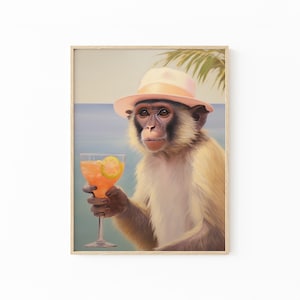 Monkey with Cocktail | Retro Bar Cart Aesthetic Decor | Cute Apartment Wall Art | Surreal Artwork | Funny Animal Print | MCR5