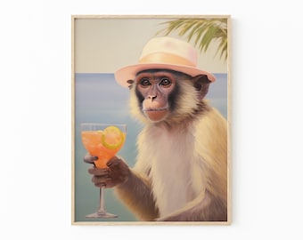 Monkey with Cocktail | Retro Bar Cart Aesthetic Decor | Cute Apartment Wall Art | Surreal Artwork | Funny Animal Print | MCR5