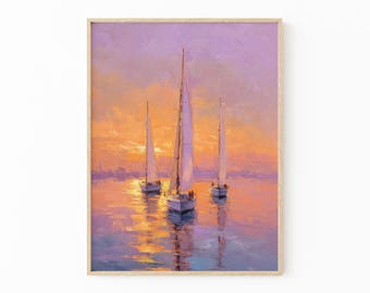Vintage Sailboat Art Print – Light Blue Nautical Painting, Coastal Lake Scene Wall Decor | BOA1