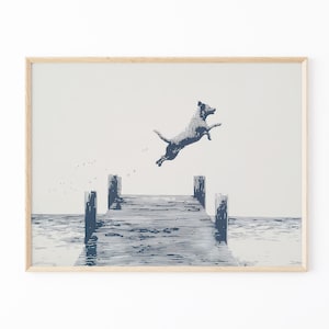 Happy Dog Jumping Off Dock Illustration | Happy Summertime Dog Sketch Art | Coastal Decor | Boat House Art | Gift for Dog Lovers | HDJ1