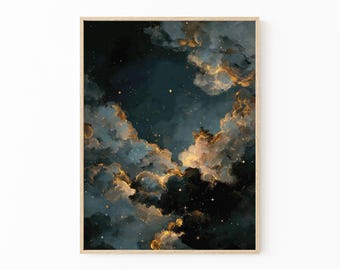Stampa di pittura a olio celestiale malinconica / Decorazione accademica scura / Stampa di stelle del cielo notturno astratto / Pittura vintage blu oro / DAG4