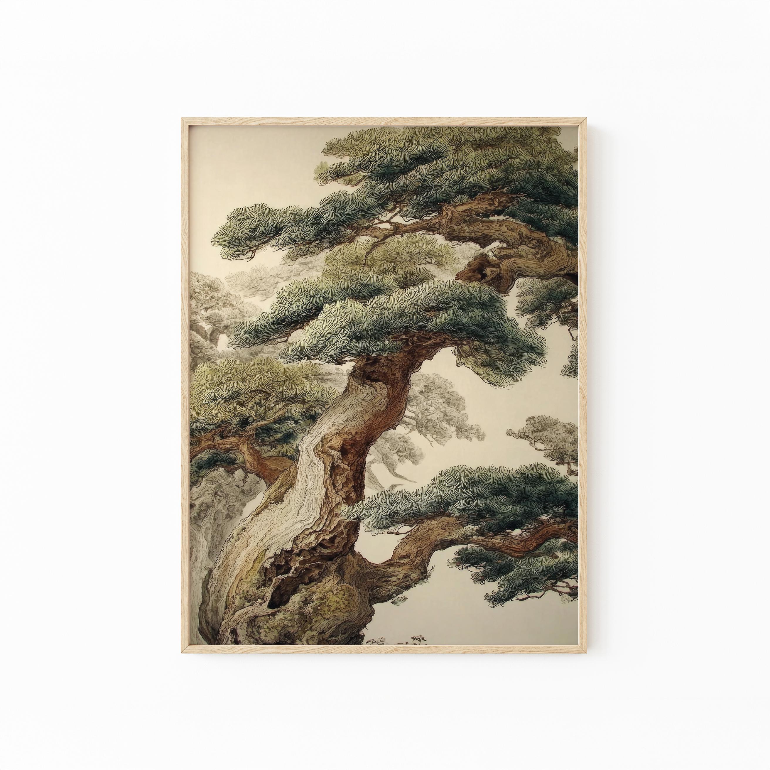 Ancient Pine Tree Wall Art | Japanese Nature Print | Zen Botanical