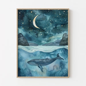 Dipinto ad acquerello di balena della notte celeste / Megattera / Stampa artistica ad acquerello per bambini / CNW4