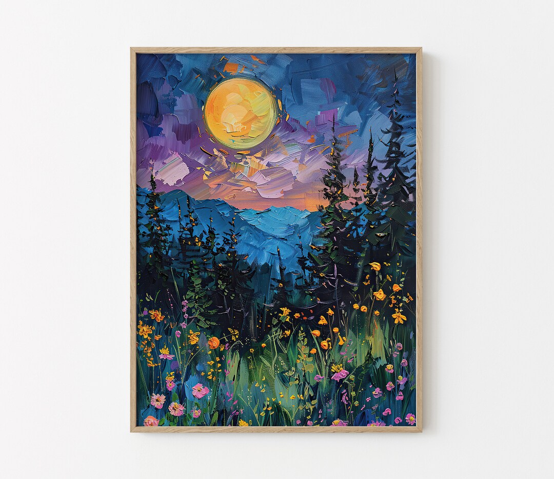 Moon Above the Wildflowers and Woodland Oil Painting Print | Full Moon ...