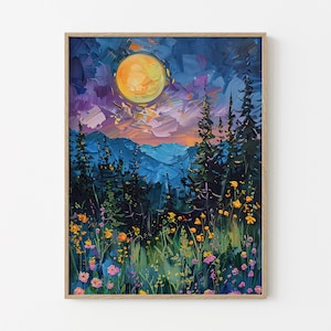 Moon above the Wildflowers and Woodland Oil Painting Print | Full Moon above Nature, Flowers and Trees | Mystical Midnight Enchanted | MAT2