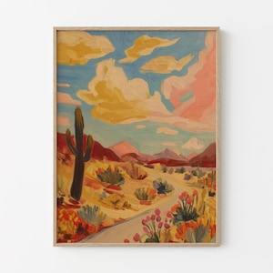 Südwestlichen Wüstenlandschaft Gemälde Druck | Pastell Kaktus Ocotillo | Agave Yucca | Texas Vintage Kunst | Natur Gemälde | AYT2
