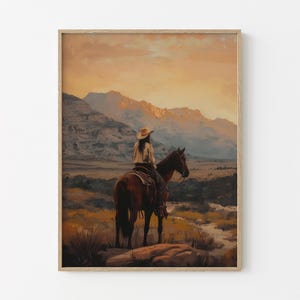 Vintage Landscape Cowgirl Oil Painting Print | Western Wall Art | Mid-Century Wall Decor | Rustic Southwest Decor | MCO6