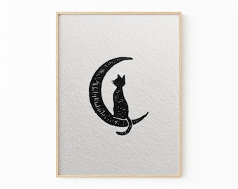 Black Cat Lino Print: Vintage Whimsical Home Wall Art | GTS1