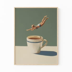 Coffee Diver Oil Painting Print | Coffee Artwork | Coffee Lover Gift | Coffee Wall Art | Trendy Kitchen Wall Art | Optional Frame | CDO1