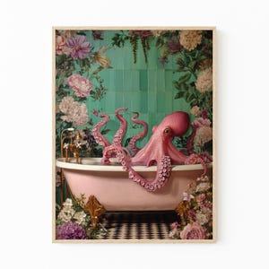 Octopus In A Bathtub In A Luxury Bathroom Oil Painting Print | Octopus Gift | Octopus Wall Art | Funky Eclectic Bathroom Decor | OIA3