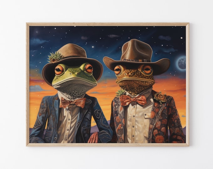 Painting Surreal Funny Colourful Toad and Frog wearing cowboy hats, Oil Painting Print