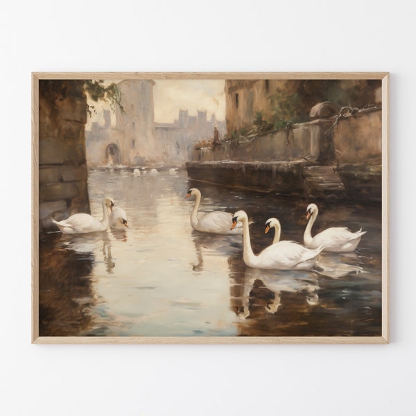 Vintage Swan Painting | Neutral Wall Art Large Wall Art | Swan Artwork Print | Oil Painting Print