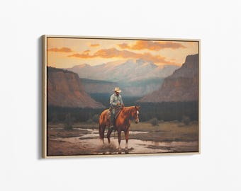 Vintage Landscape Cowboy Oil Painting Canvas Print, Western Wall Art, Mid-Century Rustic Southwest Wall Decor, Ready-To-Hang Canvas VLCO06