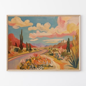 Southwestern Desert Landscape Painting Print | Pastel Cactus Ocotillo | Agave Yucca | Texas Vintage Wall Art | Nature Painting | AYT5