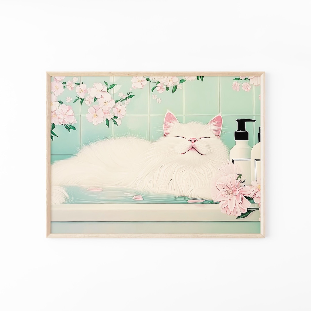 White Cat in a Bathtub Painting Print | Japanese Bathroom Wall Art ...