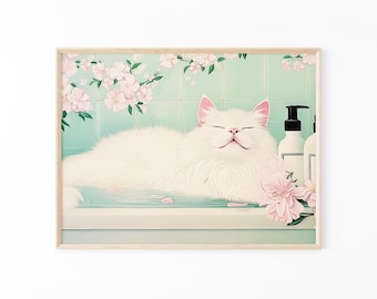 White cat in a bathtub Painting Print | Japanese Bathroom Wall Art | Relaxation poster | Japan cat wall art | Neutral Japandi Print | WIC7