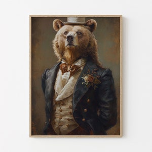 Stampa di un ritratto di orso grizzly in stile vittoriano / Orso bruno gentiluomo con abito e cappello / Regalo di arredamento per la casa con animali / VGB1