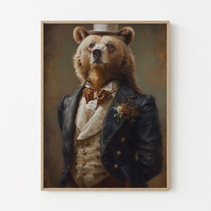 Vintage Grizzly Bear Victorian Portrait Painting Print | Gentleman Brown Bear Wearing Suit & Hat | Animal Home Decor Gift | VGB1