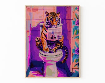 Tiger In einem Badezimmer Ölgemälde Druck | Maximalist Badezimmer Druck | Poster Tiger | Dopamin Dekor | Trendiges Dekor | Preppy Wandkunst | TOTB2