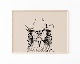 Impresión artística de perro vaquero negro con boceto divertido / Impresión retro / Arte vintage / Arte mural azul / Impresión de perro del oeste / Decoración de moda / CDB8
