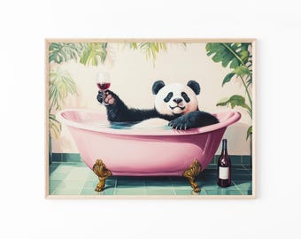 Panda Bathroom Print | Alcohol Print | Funny Animal Art | Panda in Bath Tub | Botanical Bathroom Art | PBW6