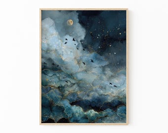 Moody Crows Flying Celestial Painting Print | Dark Academia Night Sky Art with Golden Stars | GAA1