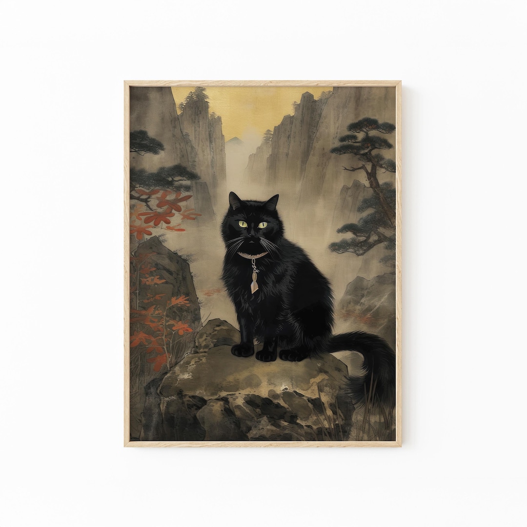 Vintage Japanese Black Cat Painting Print | Cat Wall Art | Japanese ...