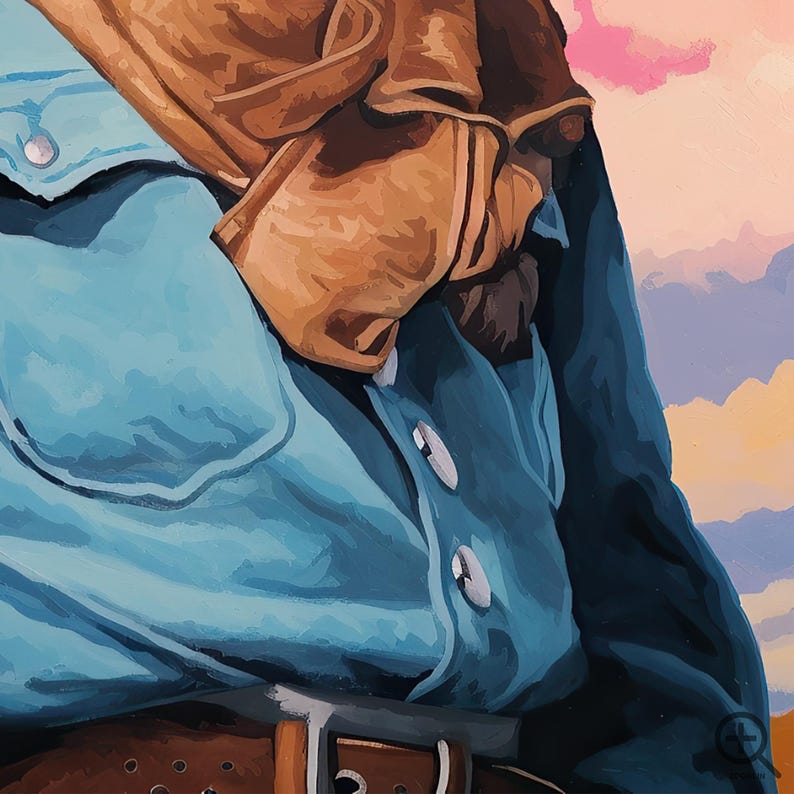 a person wearing a blue shirt and a brown hat, with a cloudy sky in the background.