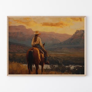 Vintage Landscape Cowgirl Oil Painting Print | Western Wall Art | Mid-Century Wall Decor | Rustic Southwest Decor | MCO2