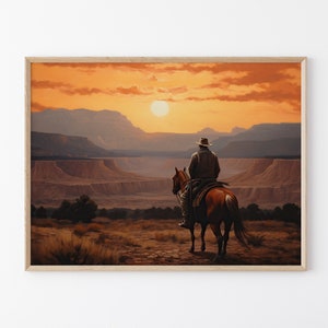 Stampa a olio di paesaggio vintage con cowboy, arte murale occidentale, decorazione murale di metà secolo, decorazione rustica del sud-ovest #VLC9