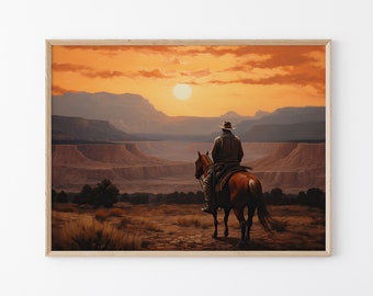 Pintura al óleo de vaquero de paisaje vintage, arte de la pared occidental, decoración de pared de mediados de siglo, decoración rústica del suroeste #VLC9