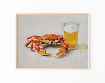 Impresión al óleo de un cangrejo relajado / Arte mural de cerveza / Impresiones divertidas de bar / Arte de cangrejo con cerveza / Regalos divertidos para él / CBF4