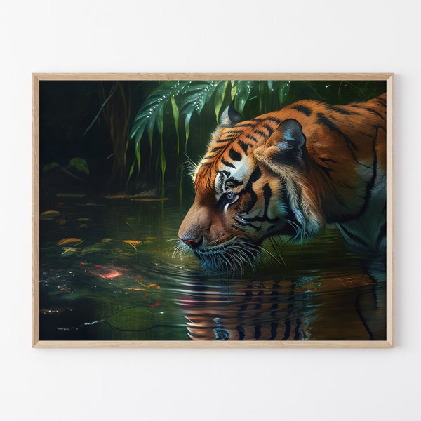 Impression mate d'art mural peinture eau potable tigre du Bengale, réserve de tigres de Kali, décoration murale impression nature tropicale, cadeau pour les amateurs de tigres