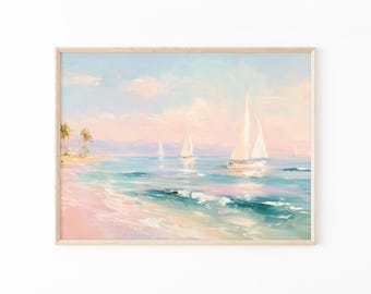 Pastel Sailboats Painting Print | Coastal Seascape Wall Art | Minimalist Ocean Beach Decor | FCL2