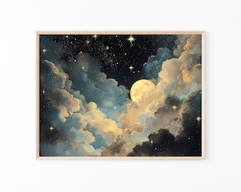 Stampa di pittura a olio di luna celeste / Decorazione accademica scura / Stampa di stelle del cielo notturno astratto / Pittura vintage blu oro / DGM5
