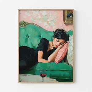 Woman on Couch with Martini Soft Tonal Oil Painting | Cocktail Art Bar Cart Decor | Aesthetic Print Gift | Trendy Wall Art Print | WCM6