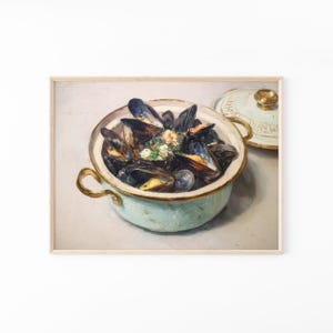Garlic Butter Mussel Pot Painting Print: Impasto Oil Style Still Life Art | Coastal Kitchen Wall Decor | FAS1