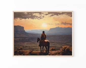 Vintage Landscape Cowboy Oil Painting Print | Western Wall Art | Mid-Century Wall Decor | Rustic Southwest Decor | VLC15