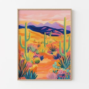 Stampa ad olio di paesaggio occidentale rosa / Stampa artistica retrò vintage / Stampe botaniche / Arte moderna di metà secolo / Arte murale al tramonto / PWL12