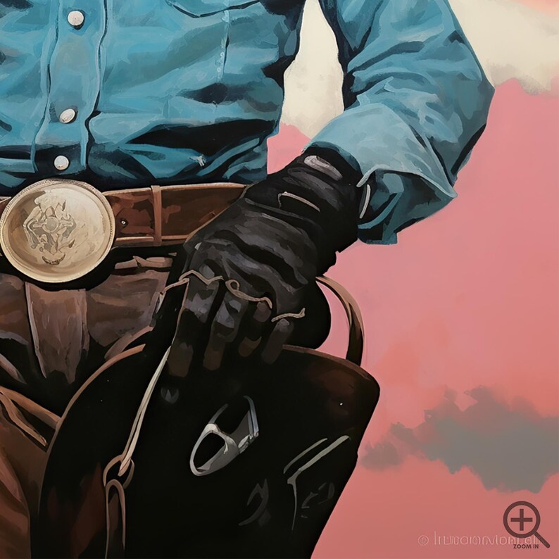 A close-up of a person's hand wearing black gloves, holding a leather belt, and wearing a blue shirt.