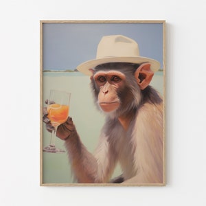 カクテルを持つサル | レトロなバーカートの美しい装飾 | かわいいアパートの壁アート | シュールなアートワーク | 面白い動物のプリント | MCR6