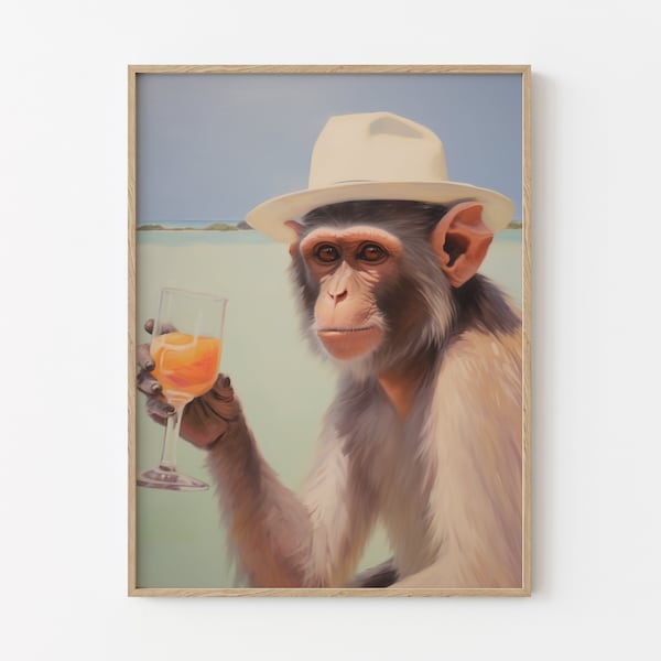 Monkey with Cocktail | Retro Bar Cart Aesthetic Decor | Cute Apartment Wall Art | Surreal Artwork | Funny Animal Print | MCR6