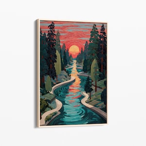 Long and Winding Forest River Oil Painting Canvas Print | Forest River Canvas Wall Art | Tree and Nature Art | Mountain Forest Decor | LAW2